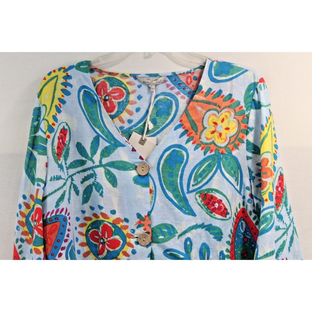 Hester Orchard Linen Blend Top Womens size L Blue Floral Topical Summer Blouse - Picture 2 of 10